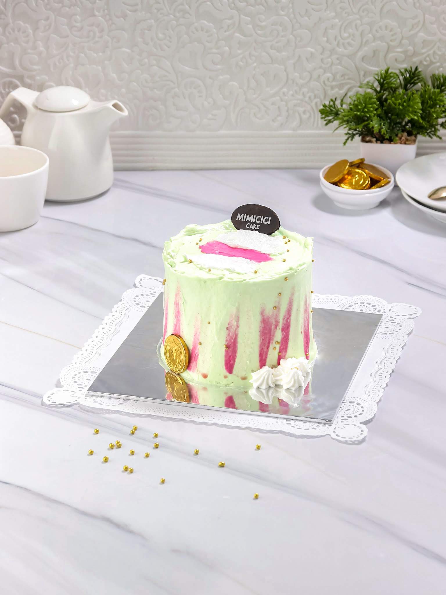 Korean Cake Green Stripe Pink 12 Cm